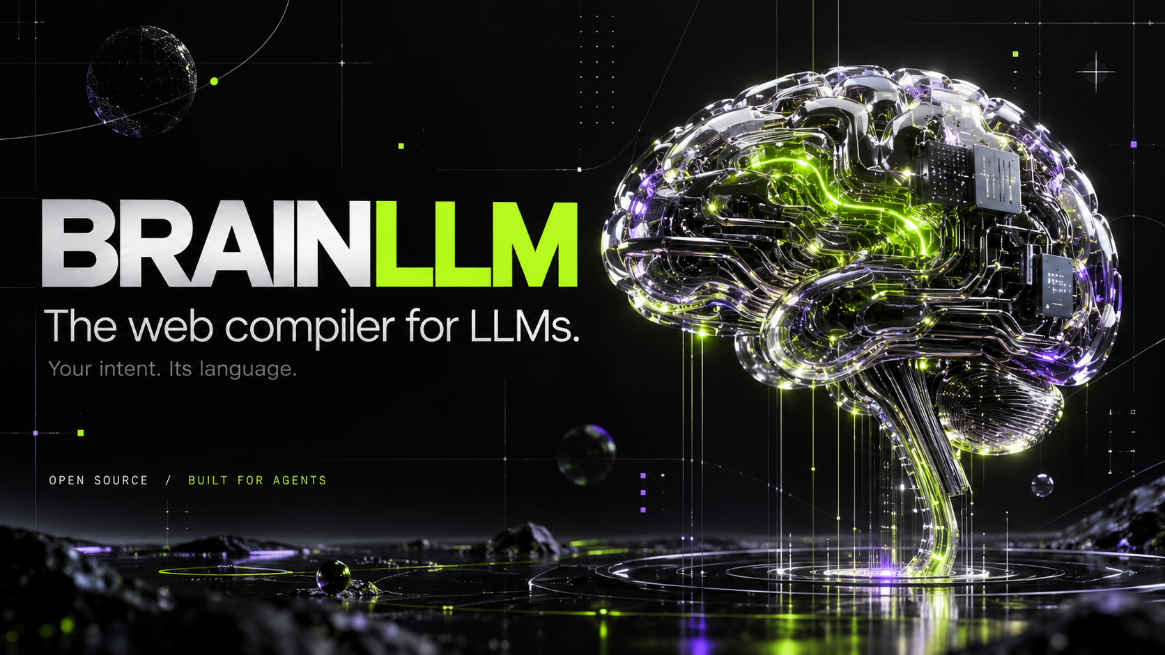 BRAINLLM: The web compiler for LLMs. A chrome and glass neural brain illuminated in electric lime.